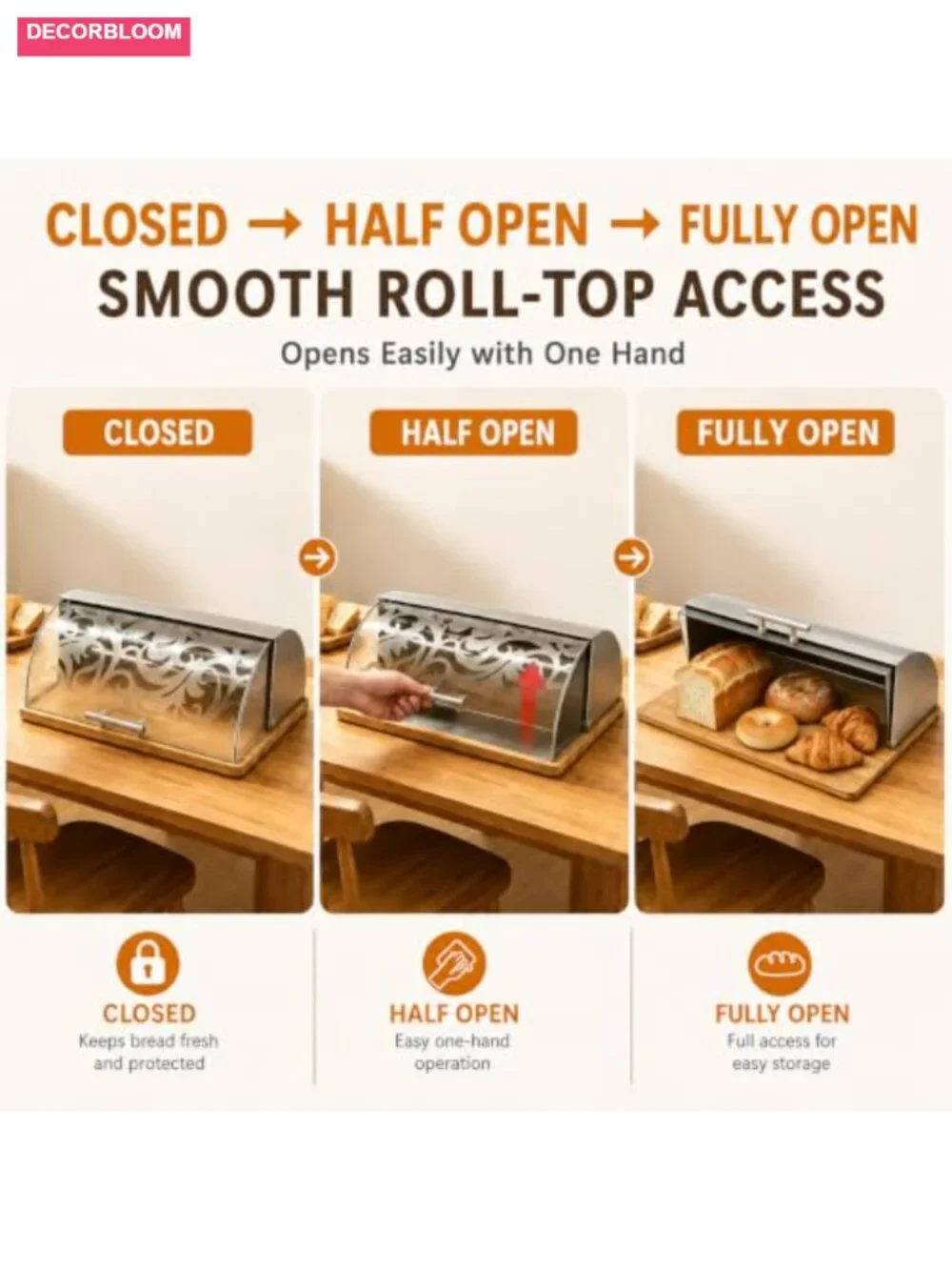 Modern Stainless Steel Roll-Top Bread Box with Bamboo Base, Acrylic Door